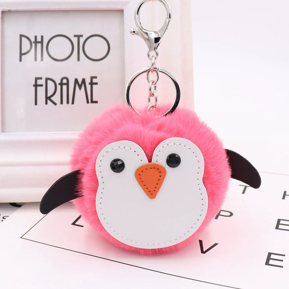 Penguin Plush Pu Leather Fur Ball Keychain Backpack Bag Pendant