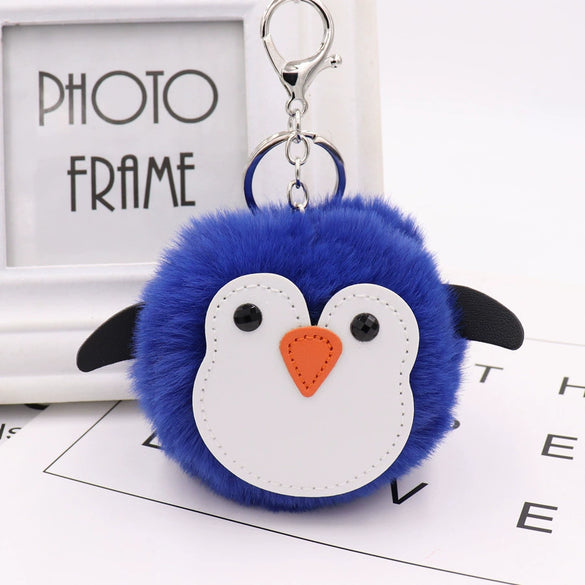 Penguin Plush Pu Leather Fur Ball Keychain Backpack Bag Pendant