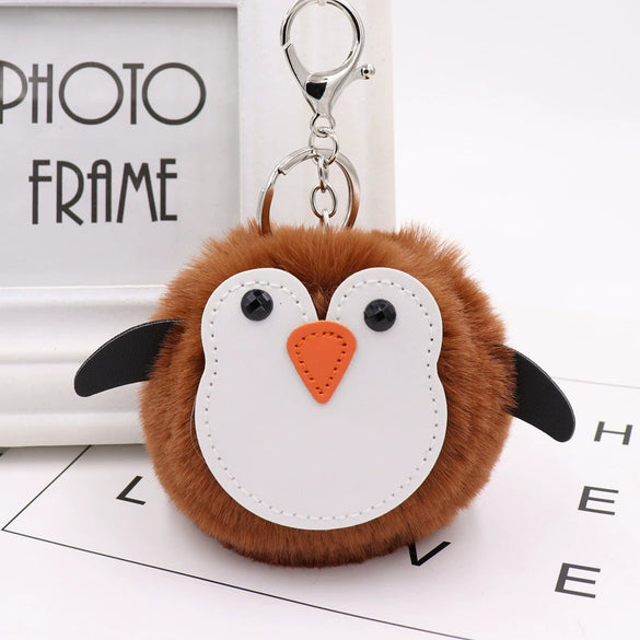 Penguin Plush Pu Leather Fur Ball Keychain Backpack Bag Pendant