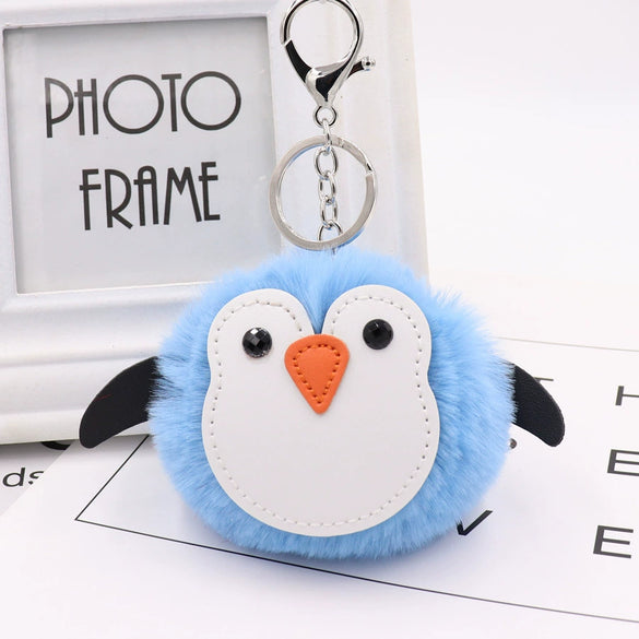 Penguin Plush Pu Leather Fur Ball Keychain Backpack Bag Pendant
