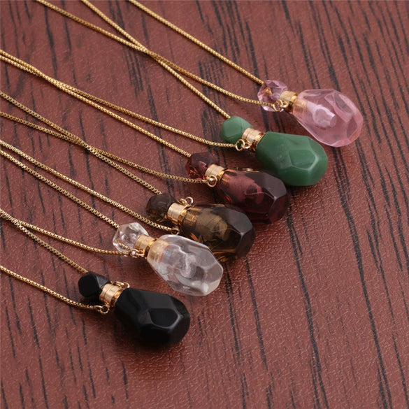 Perfume Bottle Pendant Necklace Semiprecious Stone Green Aventurine Crystal Flameshaped Alloy Liuli Geometric Polishing Unisex
