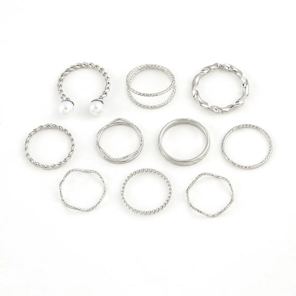 Personality Trend Simple Wave Twist Open Pearl Joint Ten-Piece Ring