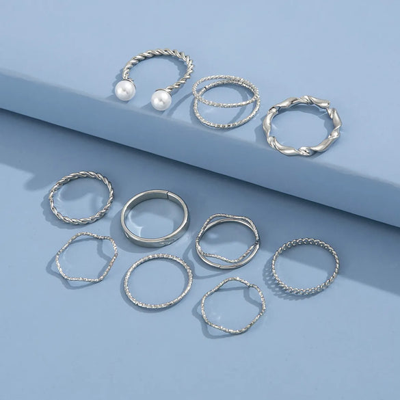 Personality Trend Simple Wave Twist Open Pearl Joint Ten-Piece Ring
