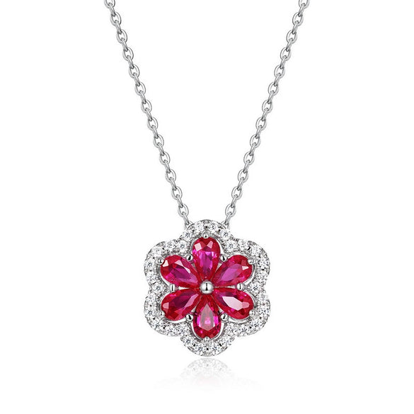 Petal Cultured Ruby Necklace For Women 925 Silver Inlaid Cultured Colored Gemstone Geometric Style Cross Chain