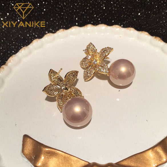 Petal Pearl Earrings With S925 Silver Needle And Golden Flower Design Electroplated
