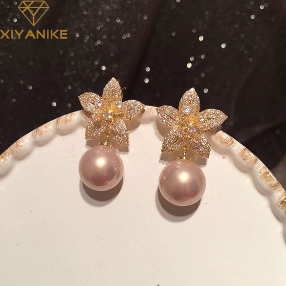 Petal Pearl Earrings With S925 Silver Needle And Golden Flower Design Electroplated