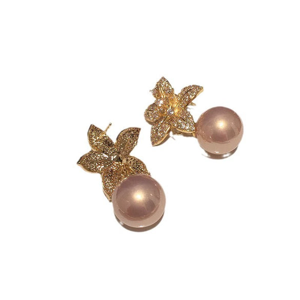 Petal Pearl Earrings With S925 Silver Needle And Golden Flower Design Electroplated