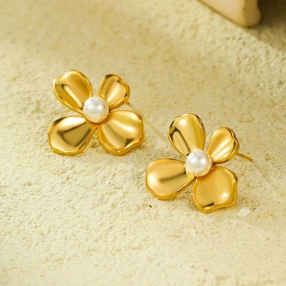Petal Pearl Stainless Steel 18K Gold Plated Vintage Earrings