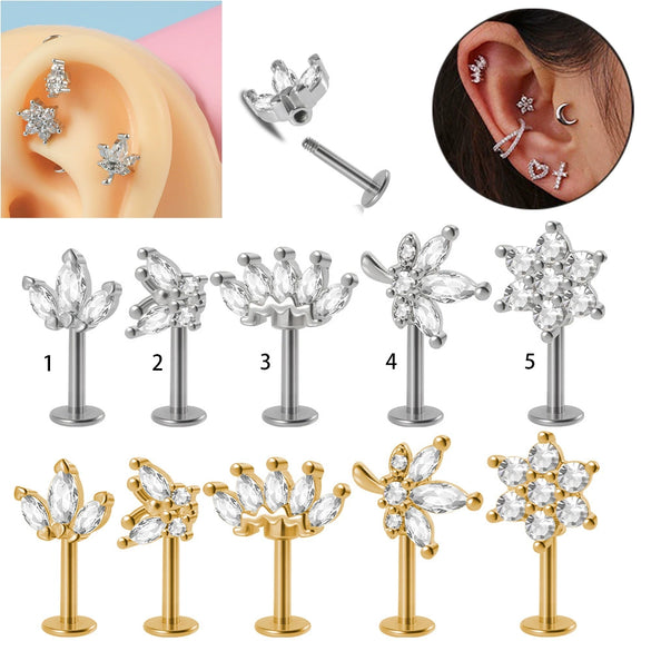 Piercing Earrings Stainless Steel Copper Crown Flower Inlaid Zircon