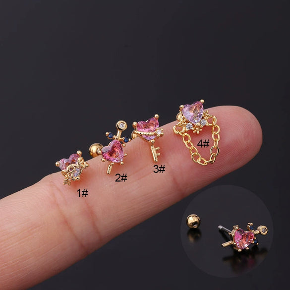 Piercing Earrings Stainless Steel Heart Tourmaline Gradient Zircon Electroplated