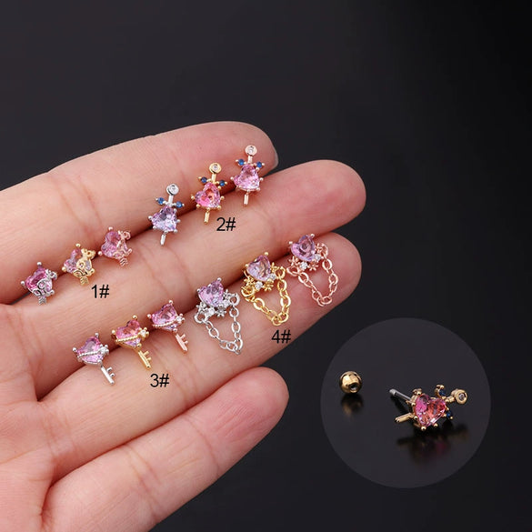 Piercing Earrings Stainless Steel Heart Tourmaline Gradient Zircon Electroplated
