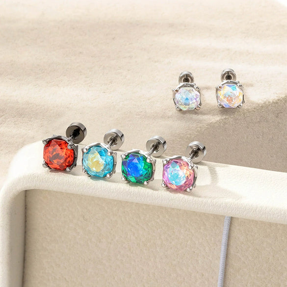 Piercing Earrings Titanium Steel Eightsided Rose Cut Flower Shape Zirconia Fashion Unisex