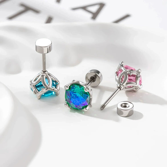 Piercing Earrings Titanium Steel Eightsided Rose Cut Flower Shape Zirconia Fashion Unisex