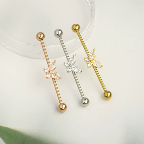Piercing Jewelry Industrial Barbell Stud Earrings Butterfly Zircon Ear Bridge Double Ear Piercing Stainless Steel Geometric Electroplating Minimalist