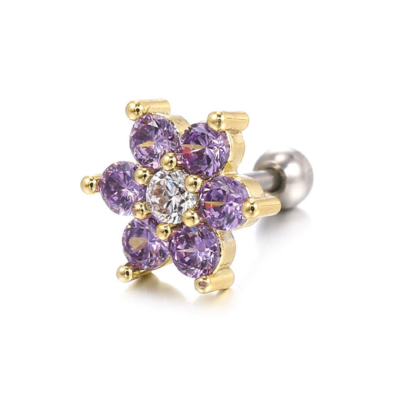 Piercing Jewelry Screw Earrings Copper Real Gold Plated Small Flower Zircon For Women