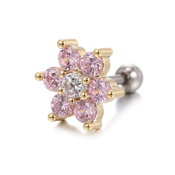 Piercing Jewelry Screw Earrings Copper Real Gold Plated Small Flower Zircon For Women