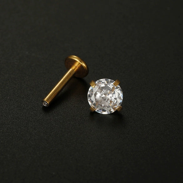 Piercing Jewelry Stainless Steel 316L Unisex Geometric Fourclaw Flat Bottom Zircon Ear Nail Lip Nail Earring Electroplated