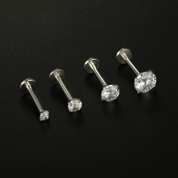 Piercing Jewelry Stainless Steel 316L Unisex Geometric Fourclaw Flat Bottom Zircon Ear Nail Lip Nail Earring Electroplated