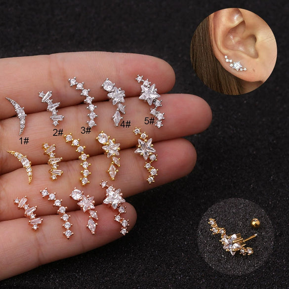 Piercing Jewelry Stainless Steel Thin Rod Ear Bone Stud Fivepointed Star Zircon Inlaid Rose Gold For Women