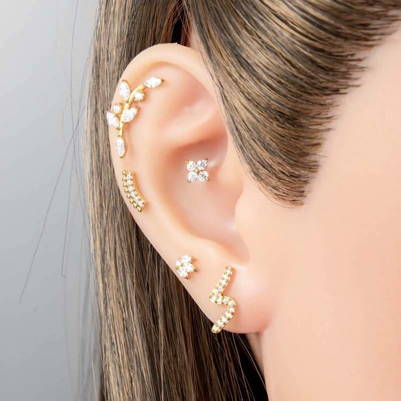 Piercing Stud Stainless Steel Copper Inlaid Zircon Cherry Cross Ear Bone For Women Electroplated