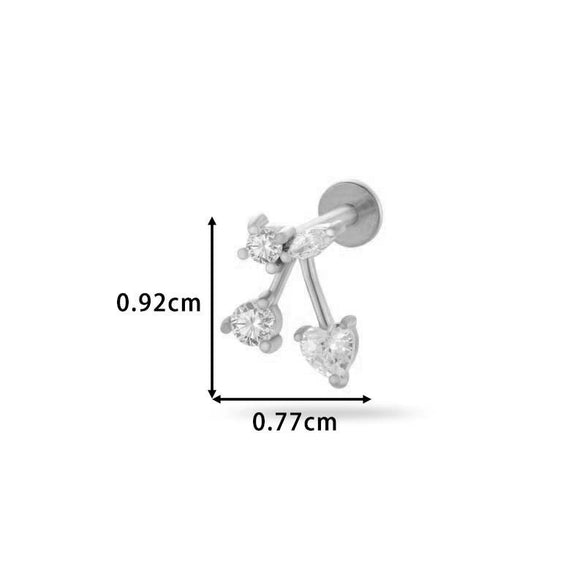 Piercing Stud Stainless Steel Copper Inlaid Zircon Cherry Cross Ear Bone For Women Electroplated