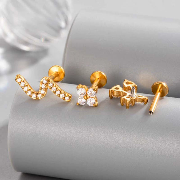 Piercing Stud Stainless Steel Copper Inlaid Zircon Cherry Cross Ear Bone For Women Electroplated