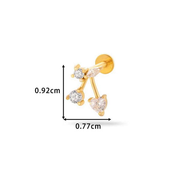 Piercing Stud Stainless Steel Copper Inlaid Zircon Cherry Cross Ear Bone For Women Electroplated