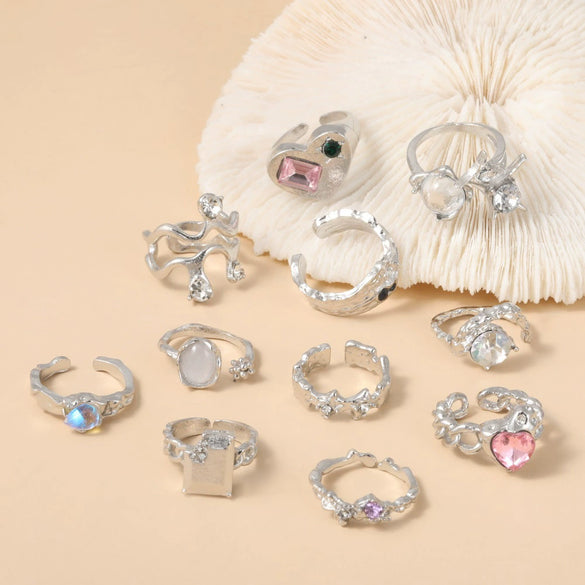 Pink Diamond Zircon Opening Asymmetrical Ring For Women In Cold Style Alloy Material With Geometric Styling And Electroplating Process