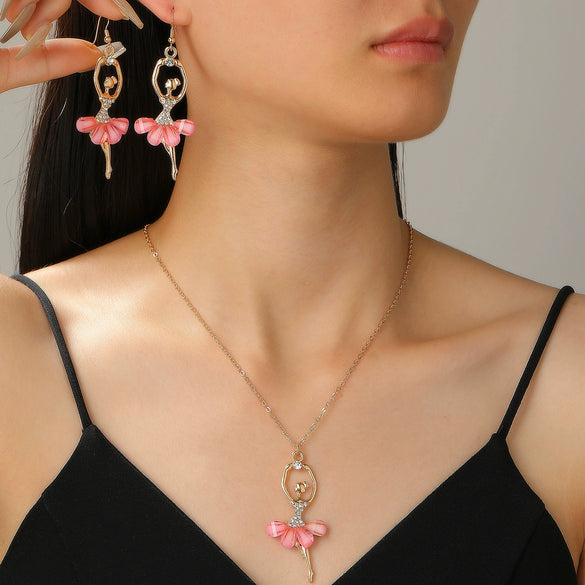 Pink Skirt Ballet Girl Alloy Fashion Jewelry Set With Electroplated Clavicle Chain And Diamond Crystal Earrings For Women