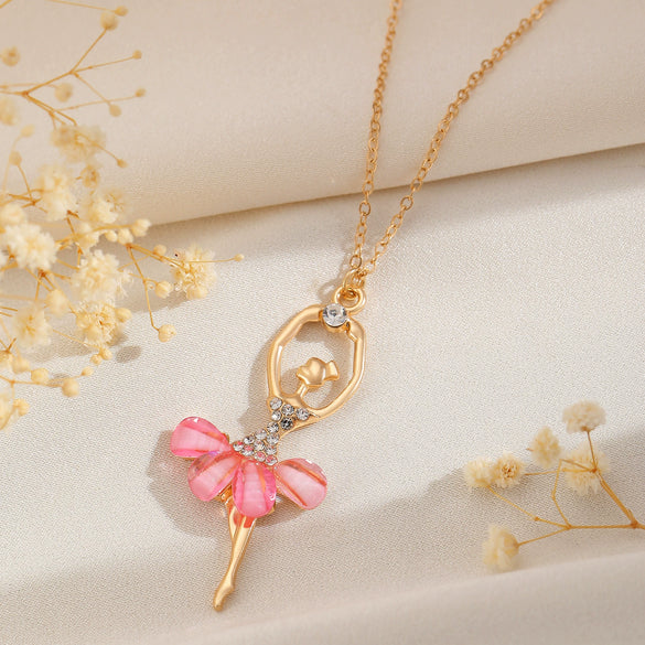 Pink Skirt Ballet Girl Alloy Fashion Jewelry Set With Electroplated Clavicle Chain And Diamond Crystal Earrings For Women