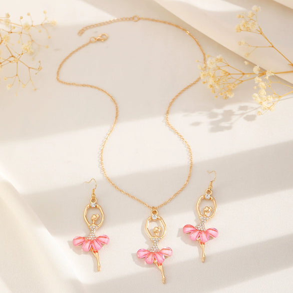 Pink Skirt Ballet Girl Alloy Fashion Jewelry Set With Electroplated Clavicle Chain And Diamond Crystal Earrings For Women