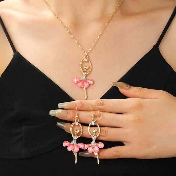 Pink Skirt Ballet Girl Alloy Fashion Jewelry Set With Electroplated Clavicle Chain And Diamond Crystal Earrings For Women