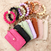 Plaid Card Case Pu Leather Women's Wallet Woven Silicone Bead Bracelet Keychain