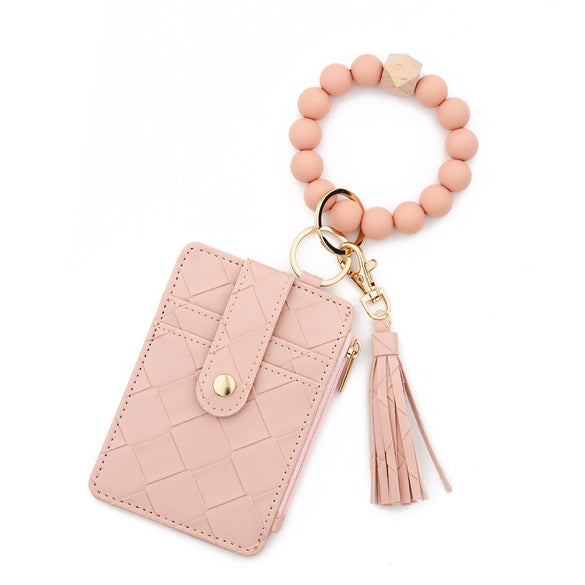 Plaid Card Case Pu Leather Women's Wallet Woven Silicone Bead Bracelet Keychain