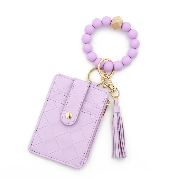 Plaid Card Case Pu Leather Women's Wallet Woven Silicone Bead Bracelet Keychain