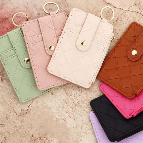 Plaid Hanging Vertical Bag Zipper Card Bag Coin Purse Women's Wallet Pu Leather Solid Color Urban Simplicity Woven Pattern