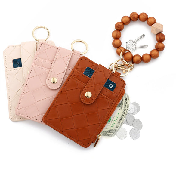 Plaid Hanging Vertical Bag Zipper Card Bag Coin Purse Women's Wallet Pu Leather Solid Color Urban Simplicity Woven Pattern