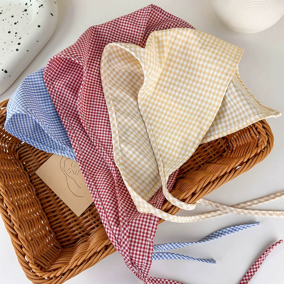 Plaid Silk Turban Scarf For Women Spring And Summer Hair Accessory In French Pastoral Style