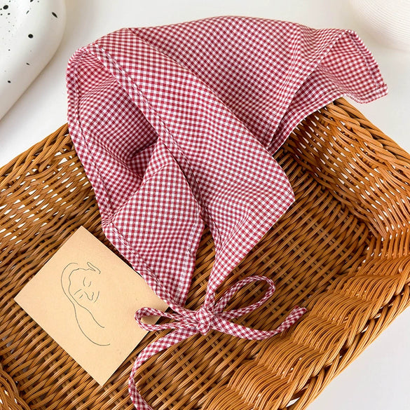 Plaid Silk Turban Scarf For Women Spring And Summer Hair Accessory In French Pastoral Style