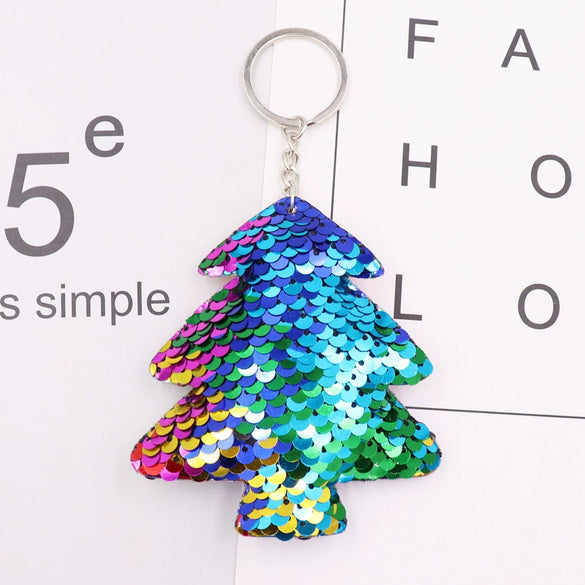 Plastic Doublesided Reflective Sequins Christmas Tree Keychain Pendant