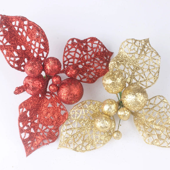 Plastic Handmade Christmas Decorations Gold Red Glitter Hollow Leaf Flower Fruit Accessories