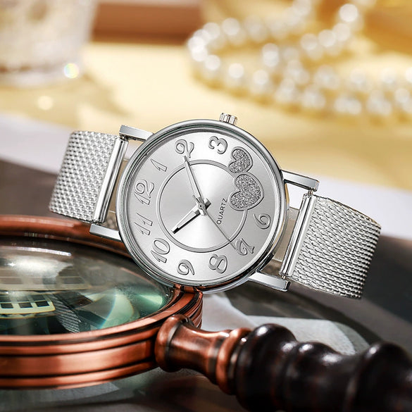 Plastic Mesh Belt Quartz Watch Heartshaped Casual Unisex