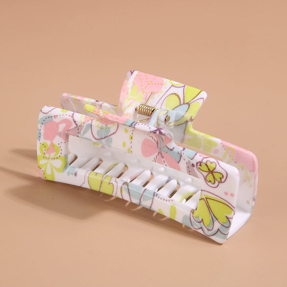 Plastic Rectangle Women's Grab Clip With Water Transfer Flower Printing
