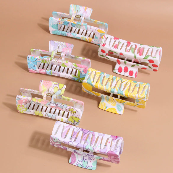 Plastic Rectangle Women's Grab Clip With Water Transfer Flower Printing