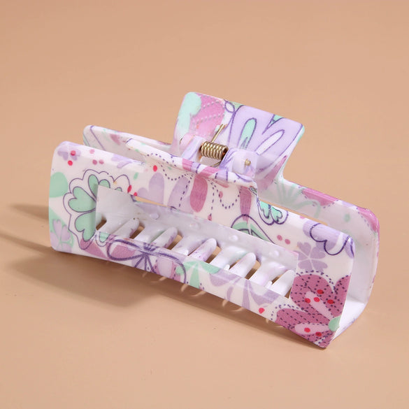 Plastic Rectangle Women's Grab Clip With Water Transfer Flower Printing