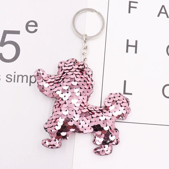 Plastic Reflective Double Sided Sequin Puppy Animal Keychain Pendant