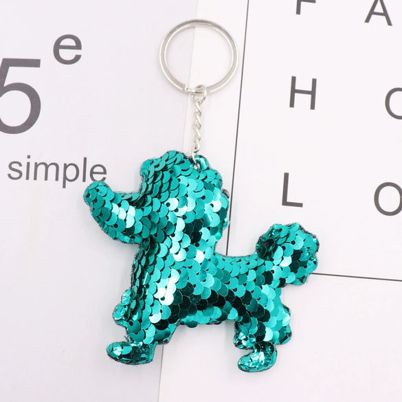 Plastic Reflective Double Sided Sequin Puppy Animal Keychain Pendant