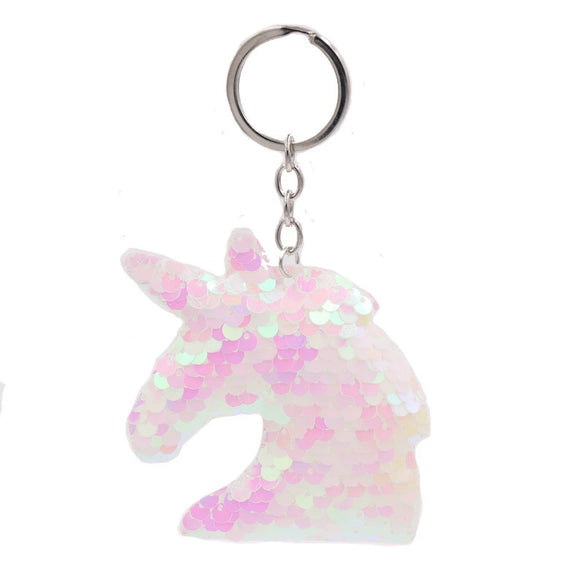 Plastic Reflective Double Sided Sequins Unicorn Head Key Chain Pendant