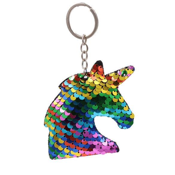 Plastic Reflective Double Sided Sequins Unicorn Head Key Chain Pendant