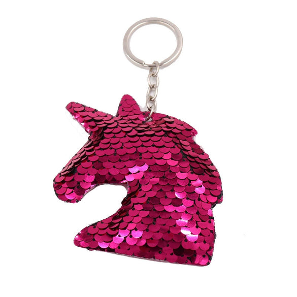 Plastic Reflective Double Sided Sequins Unicorn Head Key Chain Pendant